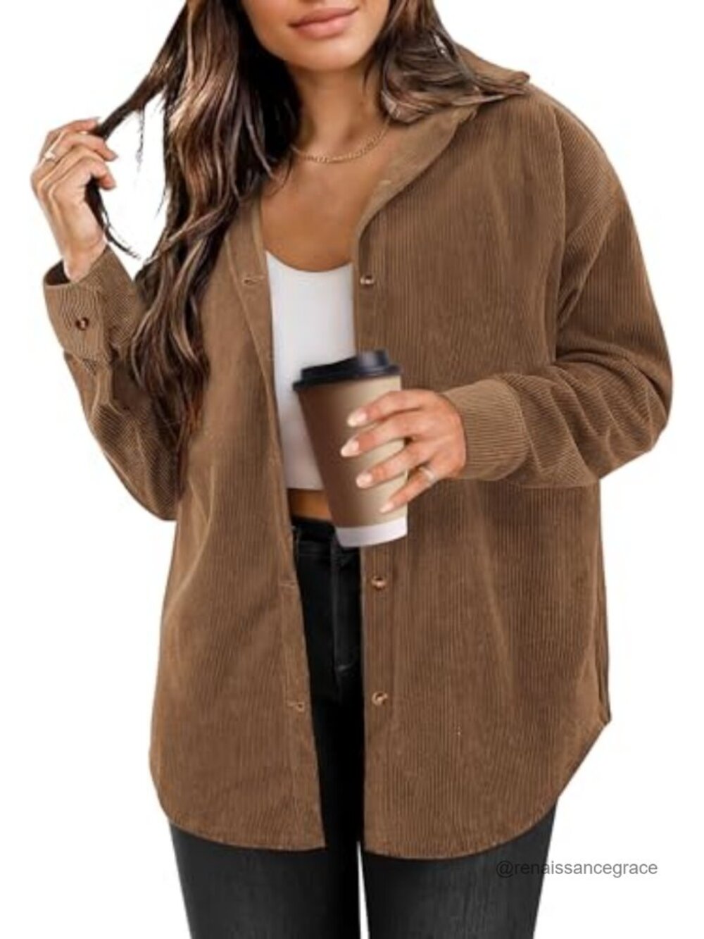 Corduroy Button Down Shirt Long Sleeve V-Neck Shacket